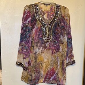 Adrienne Vittadini Paisley Embellished Tunic in Pink and Gold
